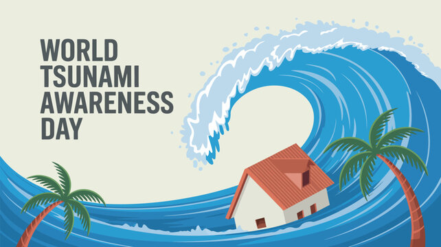 World Tsunami Awareness Day text with a house submerged in a massive ocean wave