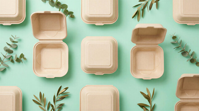 Sustainable biodegradable takeaway food containers flat lay on pastel background