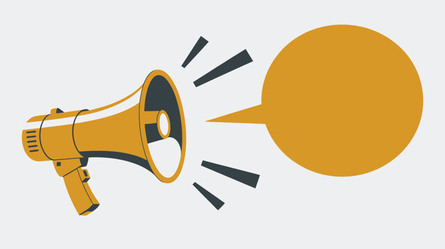 Yellow megaphone transmits sound waves towards a round empty speech bubble for messages