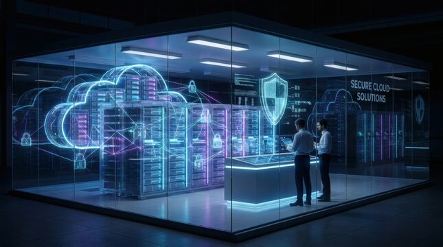 IT specialists monitoring secure cloud data center server room with hologram