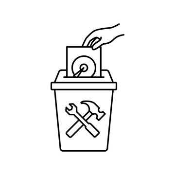 Line art icon depicting a hand dropping a computer hard drive (HDD) into a locked destruction bin with a crossed tools symbol.