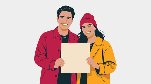 Young couple smiling brightly and holding a blank beige sign for custom text