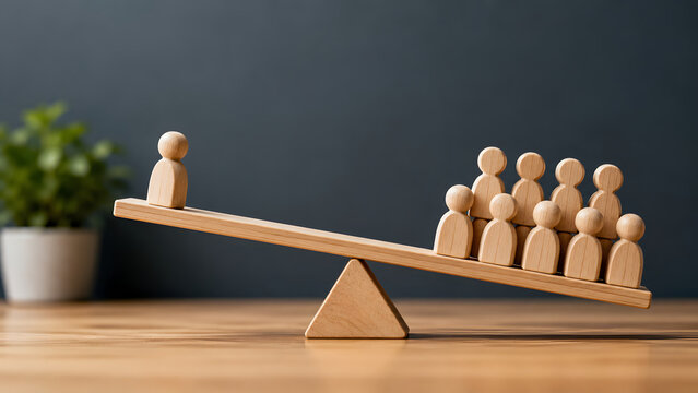 Strategic leverage concept with single wooden figure balancing a crowd