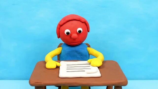 Claymation character studying at a desk with papers.