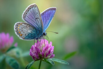 Fototapeta premium A vibrant blue butterfly with orange spots rests gently on a pink clover blossom