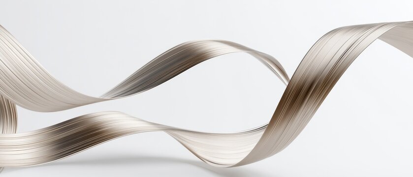 Silvery ribbon twists and flows across a plain background