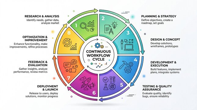 Continuous workflow cycle circular infographic diagram showing steps in business