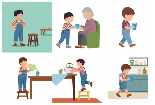 Cute little boy helping his grandmother and doing house chores illustration set, polite child character concept