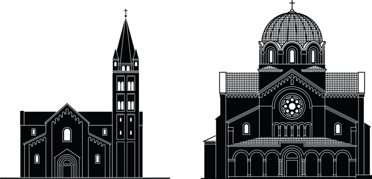 Historic church and cathedral silhouettes set featuring detailed architectural facades with bell tower and dome vector illustration