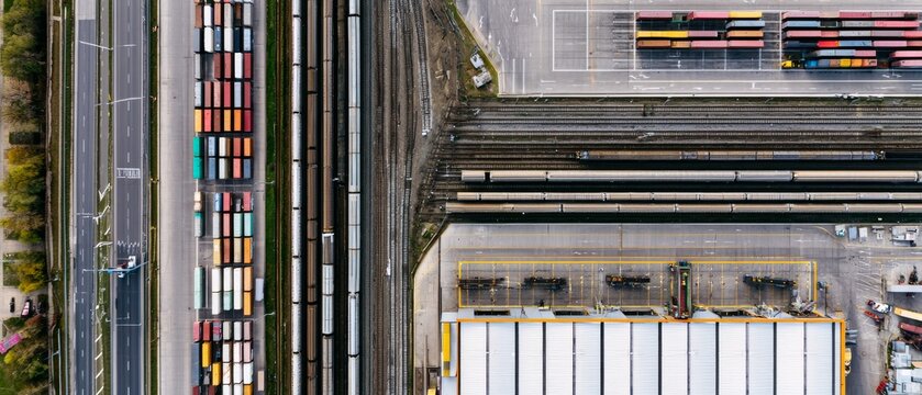 Railway and truckyard view with containers and tracks at a logistics center