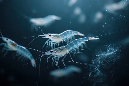 Translucent shrimp-like creatures swim gracefully in dark, ethereal underwater depths