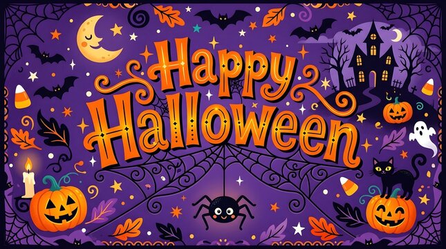 Happy Halloween festive greeting card with pumpkins and bats. 