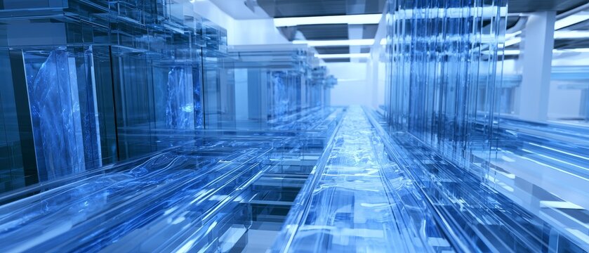 Modern cityscape with clear structures and flowing blue elements in a large indoor space
