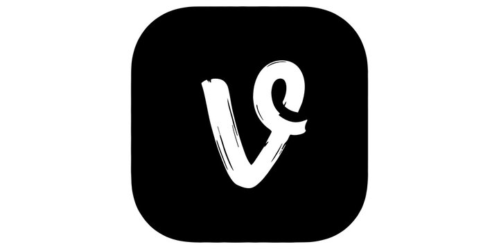 Vine logo icon depicting white brush stroke script letter v on black rounded square background representing defunct short form video sharing social media application app.