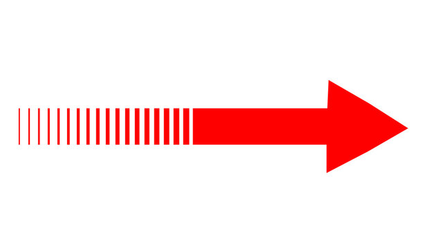Red arrow pointing right with fading dashes on transparent background.