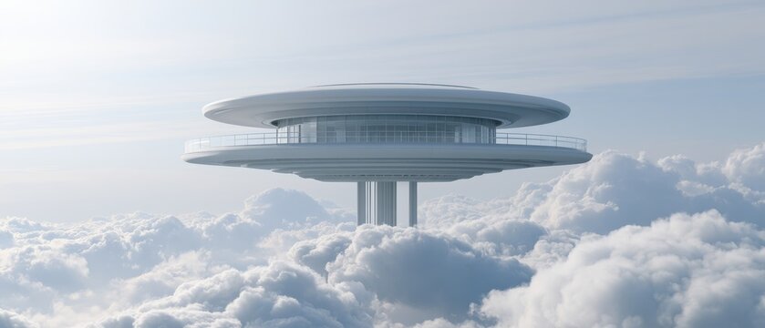 Floating building above the clouds with a circular design and pillars supporting it in a clear sky