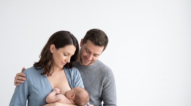 Loving mother breastfeeding her newborn baby with supportive father standing by her side on a white background