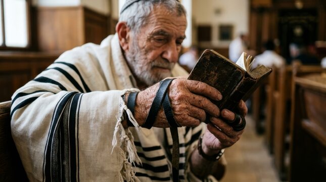 Elderly jewish man reading from a siddur while wearing a tallit and tefillin in a synagogue