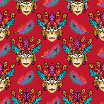 Ornate masquerade mask and peacock feather patterned background