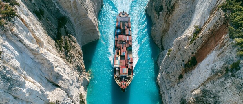 Cargo ship navigates narrow waterway between steep cliffs during bright sunny day