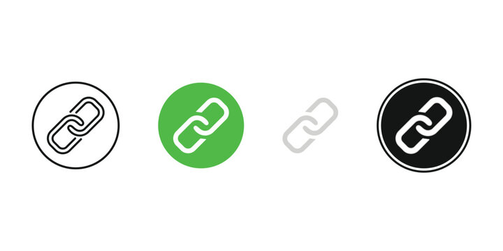 Link icons set including four variations of chain connection symbols in linear outline green flat solid silver and black circle backgrounds.