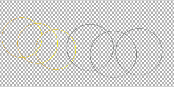 Round shiny frames with glowing effects. Set of three gold, silver and rose gold round frames with shadows on transparent background. Vector illustration