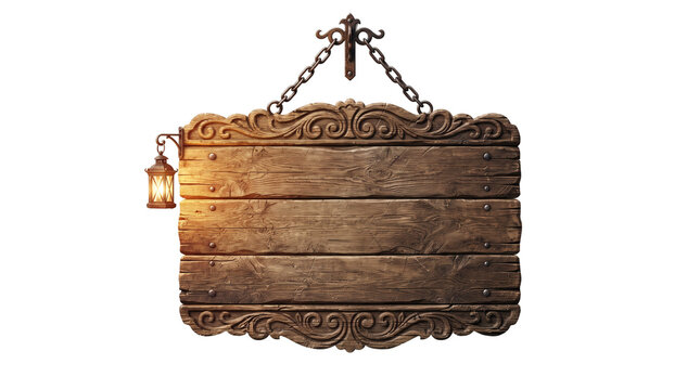 Old rustic wooden sign hanging on chains with a small glowing lantern for shop display  transparent background.