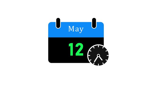 Minimalist calendar with month may and date 12 on black background with clock symbol