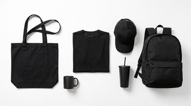 Black fabric products mockup set isolated on white background.