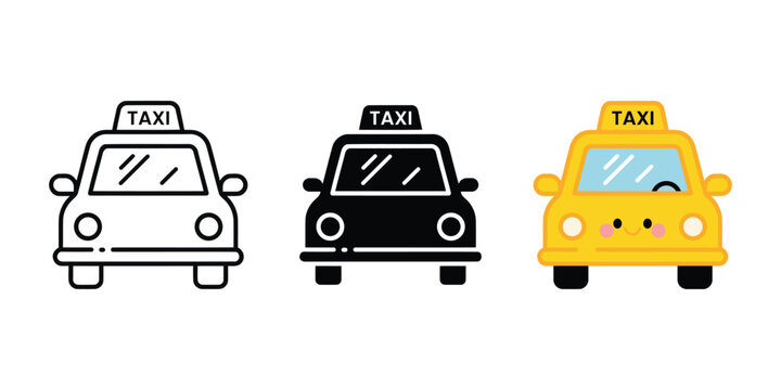 Set of taxi icons, cartoon taxi, outline taxi, black taxi for transportation or service concept.