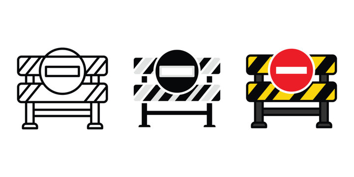 Road barrier icons set featuring different visual styles including linear outline black solid filled and colorful graphic design for construction.