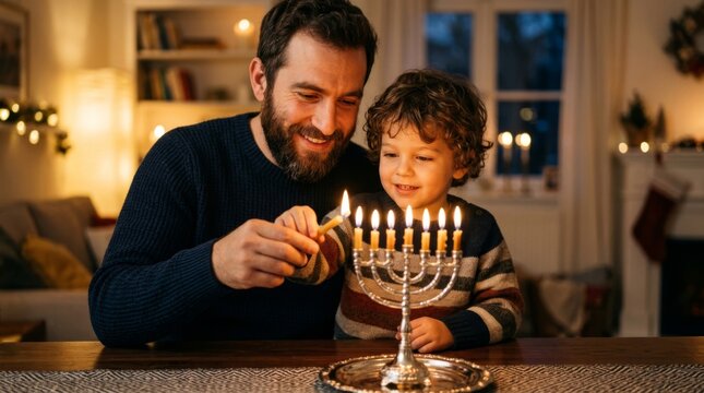 Father and son lighting the menorah candles during Hanukkah celebration, enjoying family tradition and holiday spirit