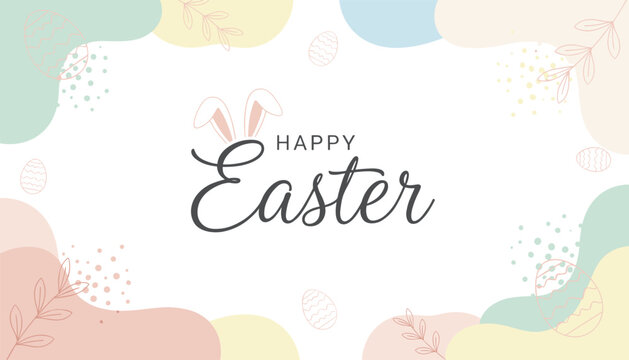 Happy Easter card design featuring cute rabbit ears, pastel colored abstract shapes, leaves, and hand drawn eggs.
