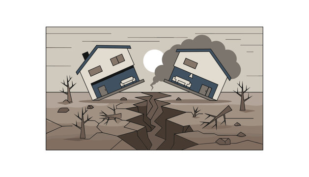 Dramatic vector illustration of a massive earthquake splitting the ground and tilting two suburban houses apart.