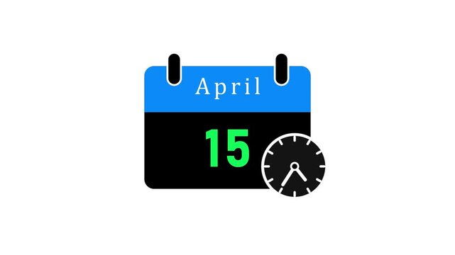 April 15 calendar date with black clock on blue background business deadline concept