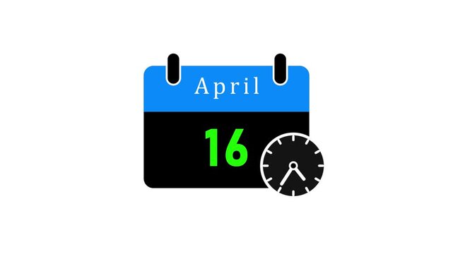April 16 calendar date with black clock symbol modern template