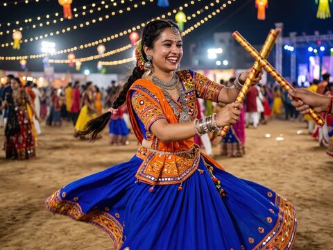 Young Woman Playing Dandiya Raas &ndash; Traditional Navratri Dance