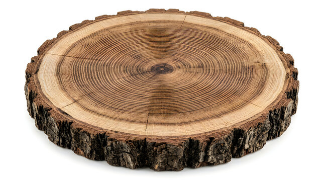 Round wooden log slice with visible growth rings and rough natural bark edge