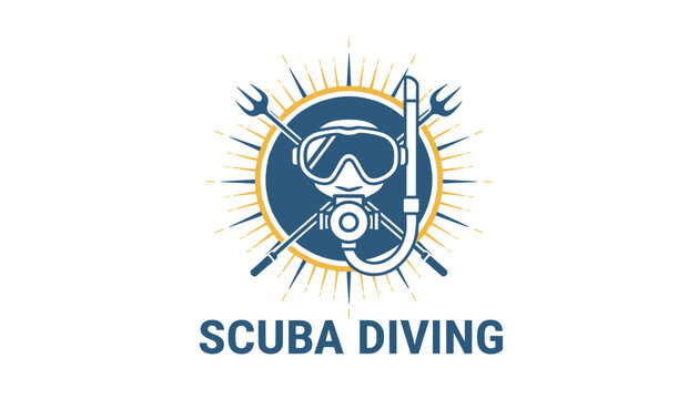 Scuba diving emblem displaying a diving mask, snorkel, and crossed harpoons with a circular sunburst outline.