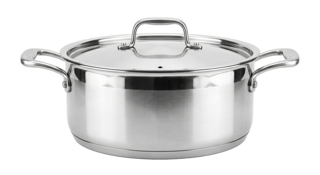 Shiny stainless steel stockpot with lid and handles, perfect for cooking and kitchen use