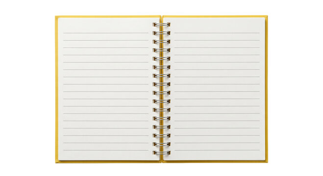 Open yellow spiral notebook with lined pages on a white background