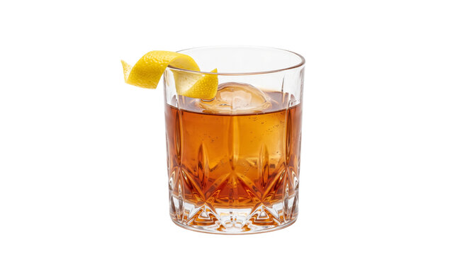 Classic Old Fashioned cocktail with a lemon twist and large ice cube