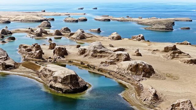 Aerial drone shot of water yardang landforms surrounded by turquoise water in the Qaidam Basin, Qinghai, China