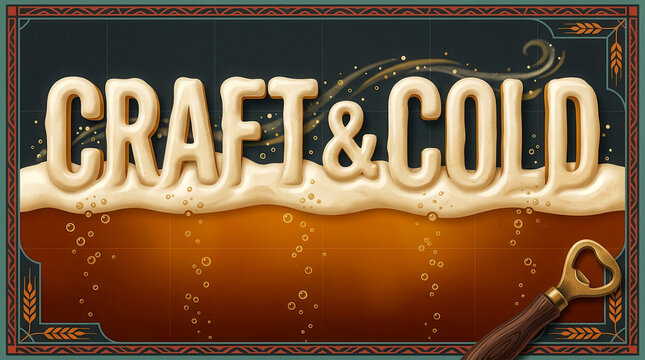 Craft and Cold text design with beer foam typography and a bottle opener illustration