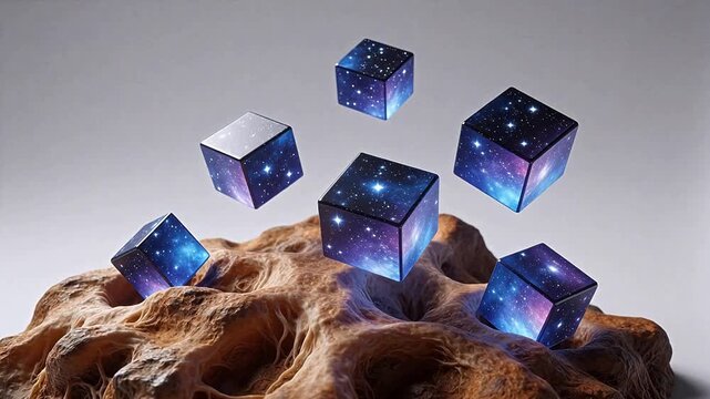 Floating cubes with galaxy patterns on textured surface