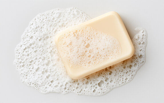 Soap bar and foam on white background, top view. Mockup for design