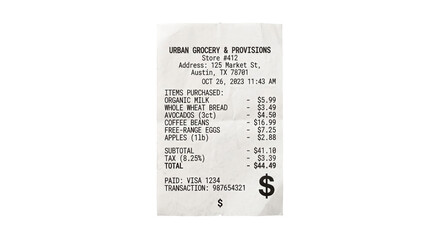 Naklejka na ściany i meble Grocery receipt from Urban Grocery & Provisions showing purchased items and total cost
