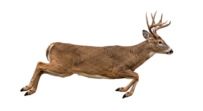 Majestic buck with impressive antlers captured mid-leap against a clean white background