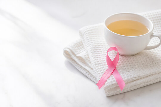 Pink ribbon with tea and soft white towel, Generative AI