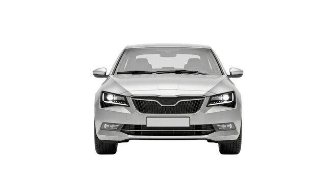Front view of a modern silver sedan with illuminated headlights